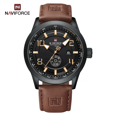 NAVIFORCE 9229 Trend Casual Wristwatch for Man Military Sports Water Resistant Leather Strap Men's Clock Quartz Calendar Male Watches - Black Orange DarkBrown